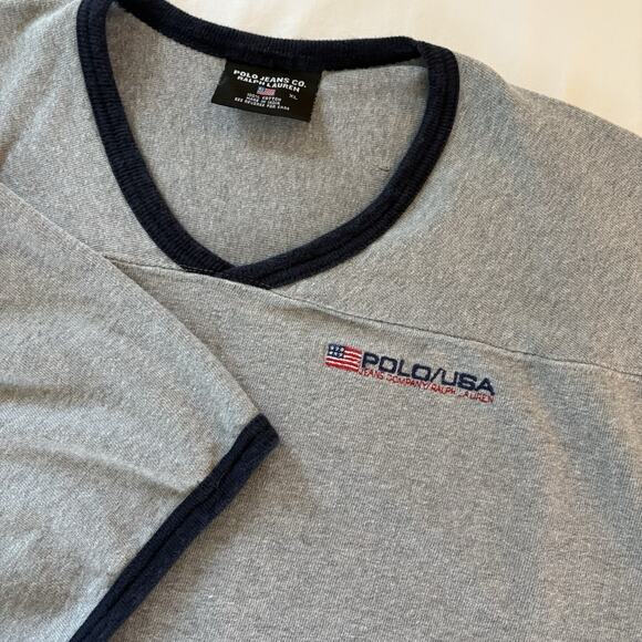 Polo Jeans Co. Ralph Lauren Gray & Black Ringer T-Shirt USA Flag Size XL - Picture 1 of 12